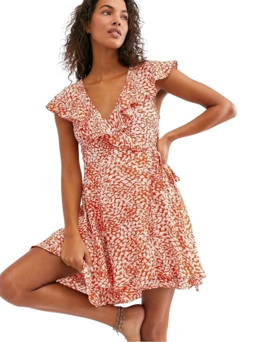 Free People French Quarter Wrap Mini Dress - Orange & White Print Size XSmall - Picture 1 of 5